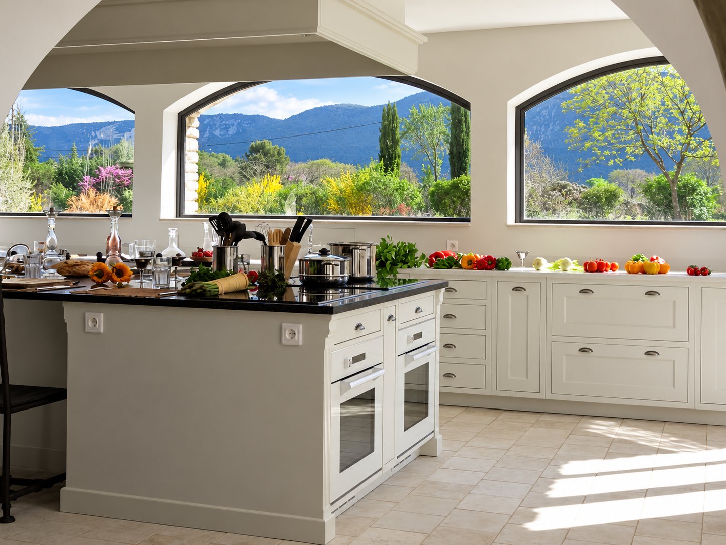 Cuisine lumineuse aux meubles blancs avec îlot central en granit noir et fours encastrés, dont les grandes fenêtres cintrées donnent sur un paysage de montagne.