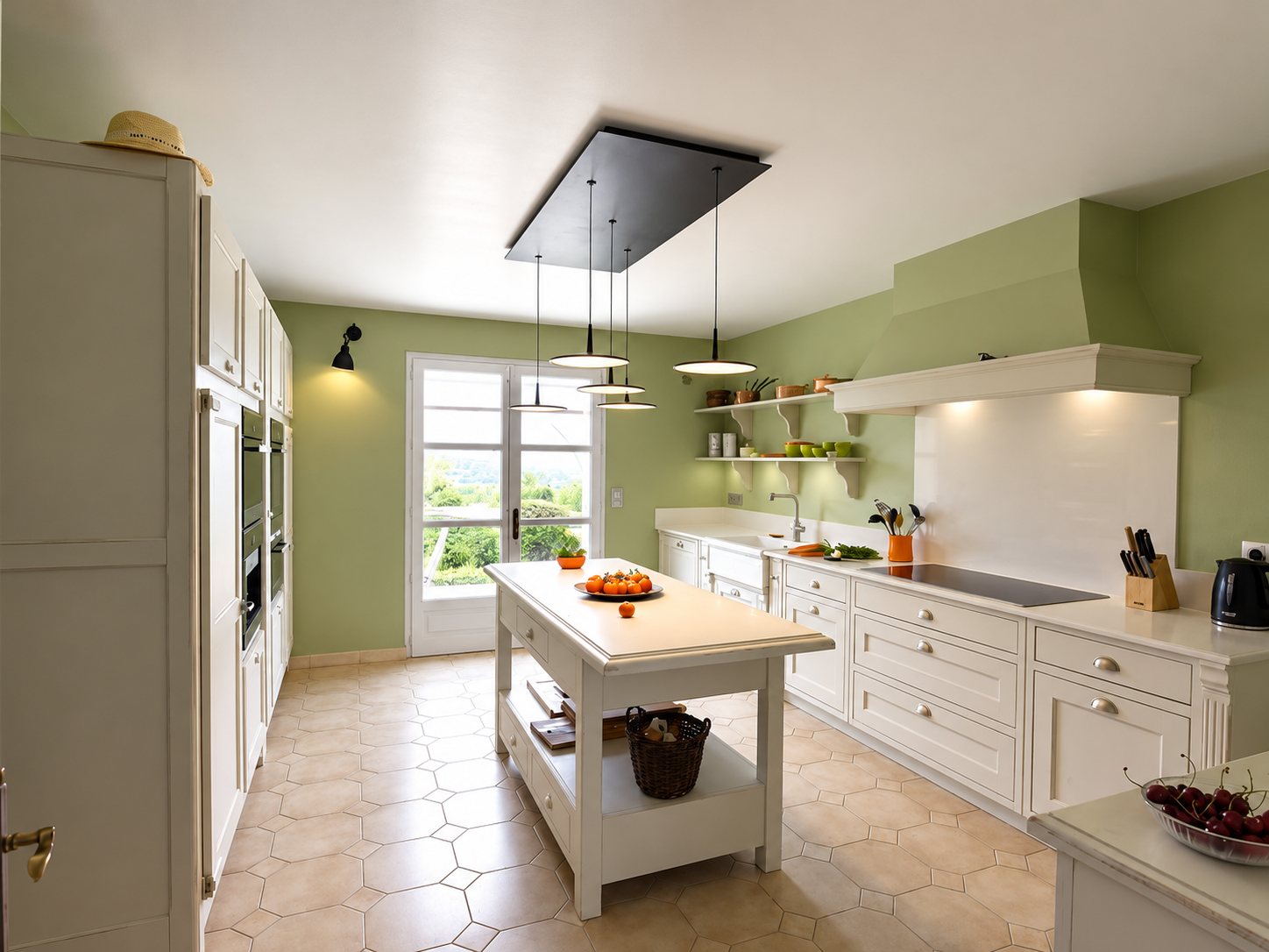 Cuisine lumineuse aux murs vert sauge avec meubles blancs, îlot central en bois, plaque à induction et grande porte-fenêtre ouvrant sur la campagne.
