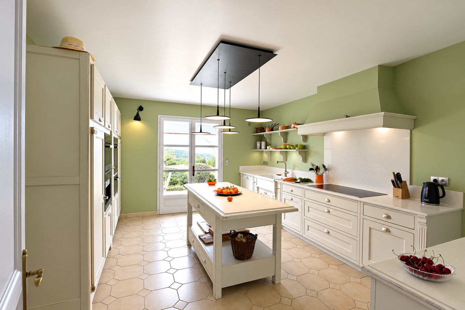 Cuisine lumineuse aux murs vert amande, avec meubles blancs patinés, îlot central, plaque de cuisson et suspensions modernes.