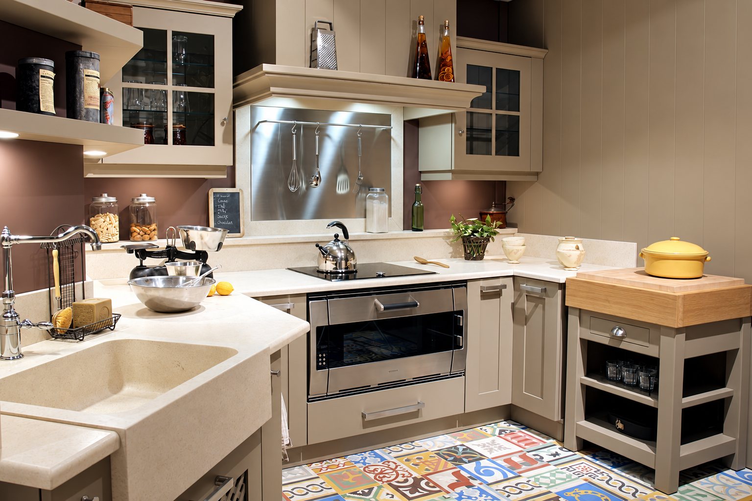 Cuisine aux meubles gris-beige avec évier en pierre claire, four encastré, hotte en inox, billot en bois et sol en carreaux de ciment colorés.