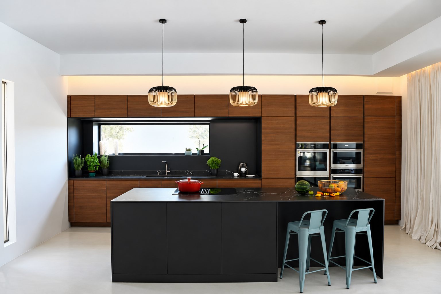 Cuisine contemporaine aux façades en bois foncé, avec un grand îlot noir, deux tabourets bleu-gris et trois suspensions en bambou.