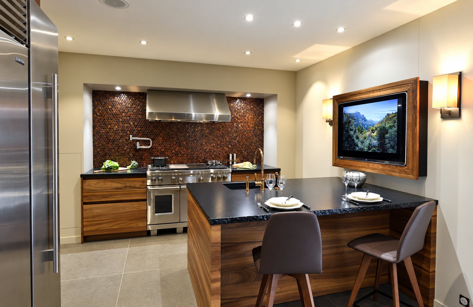 Cuisine contemporaine aux façades en bois, plan de travail noir, crédence en mosaïque brune, îlot avec deux tabourets et télévision murale encadrée de bois.