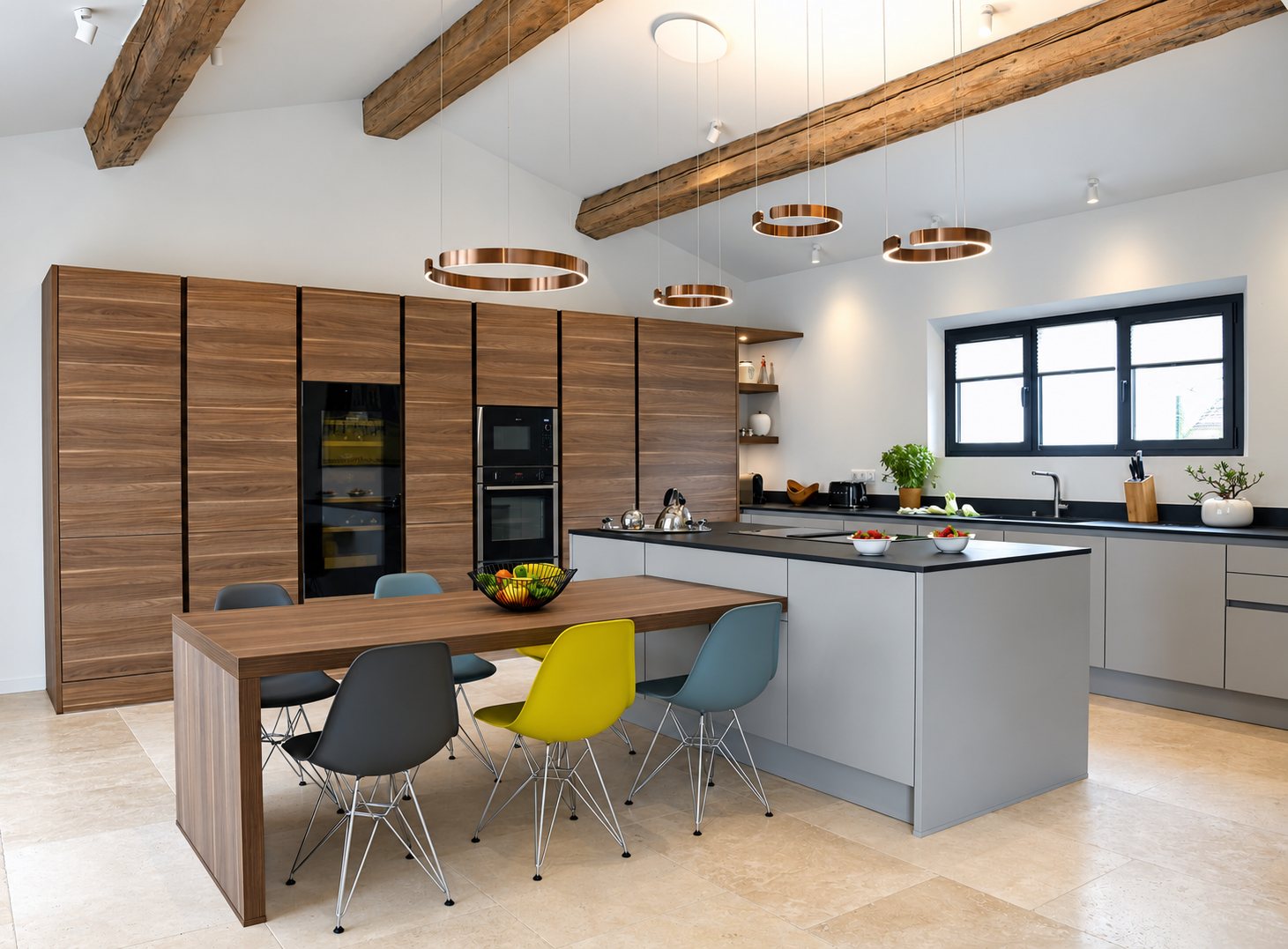 Cuisine contemporaine sous poutres apparentes avec colonnes en bois, îlot gris, table prolongée, chaises colorées et suspensions cuivrées.