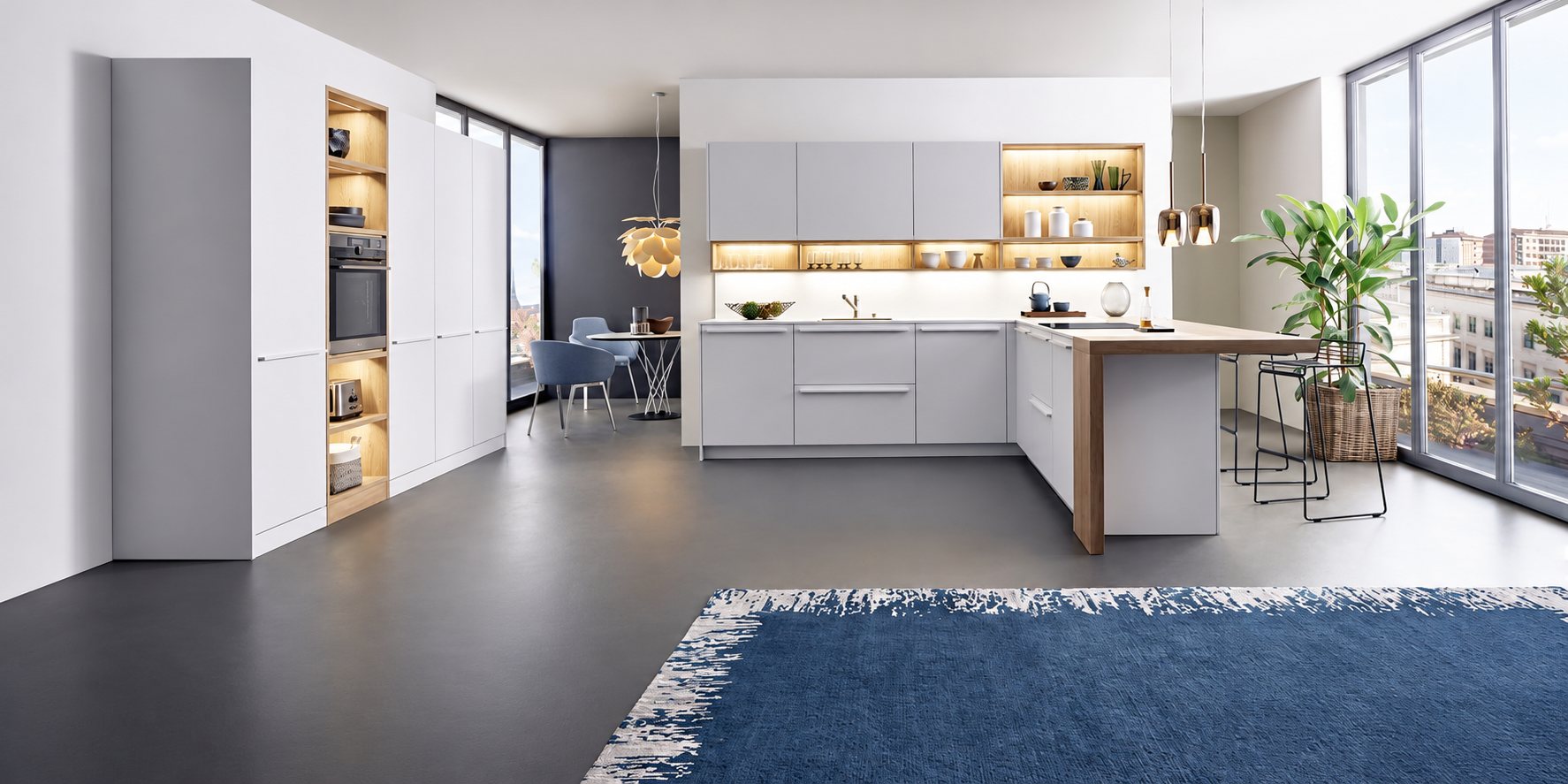 Cuisine contemporaine aux façades gris clair avec niches en bois éclairées, bar en bois, coin repas et grand tapis bleu, devant de larges fenêtres.