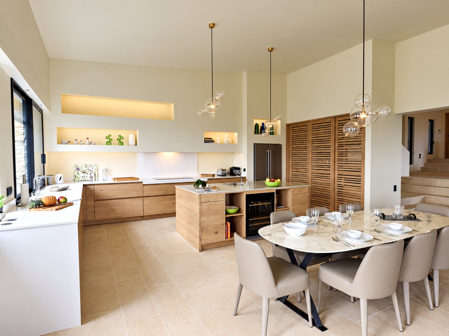 Grande cuisine lumineuse aux meubles en bois clair avec îlot central et table ovale en marbre entourée de chaises beiges.
