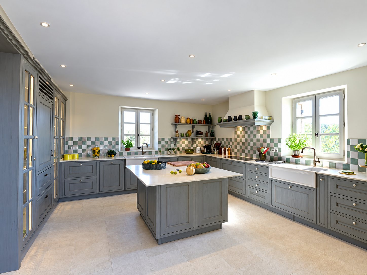 Vaste cuisine aux meubles gris patinés, avec îlot central à plan blanc, crédence en carreaux vert et gris et deux fenêtres lumineuses.