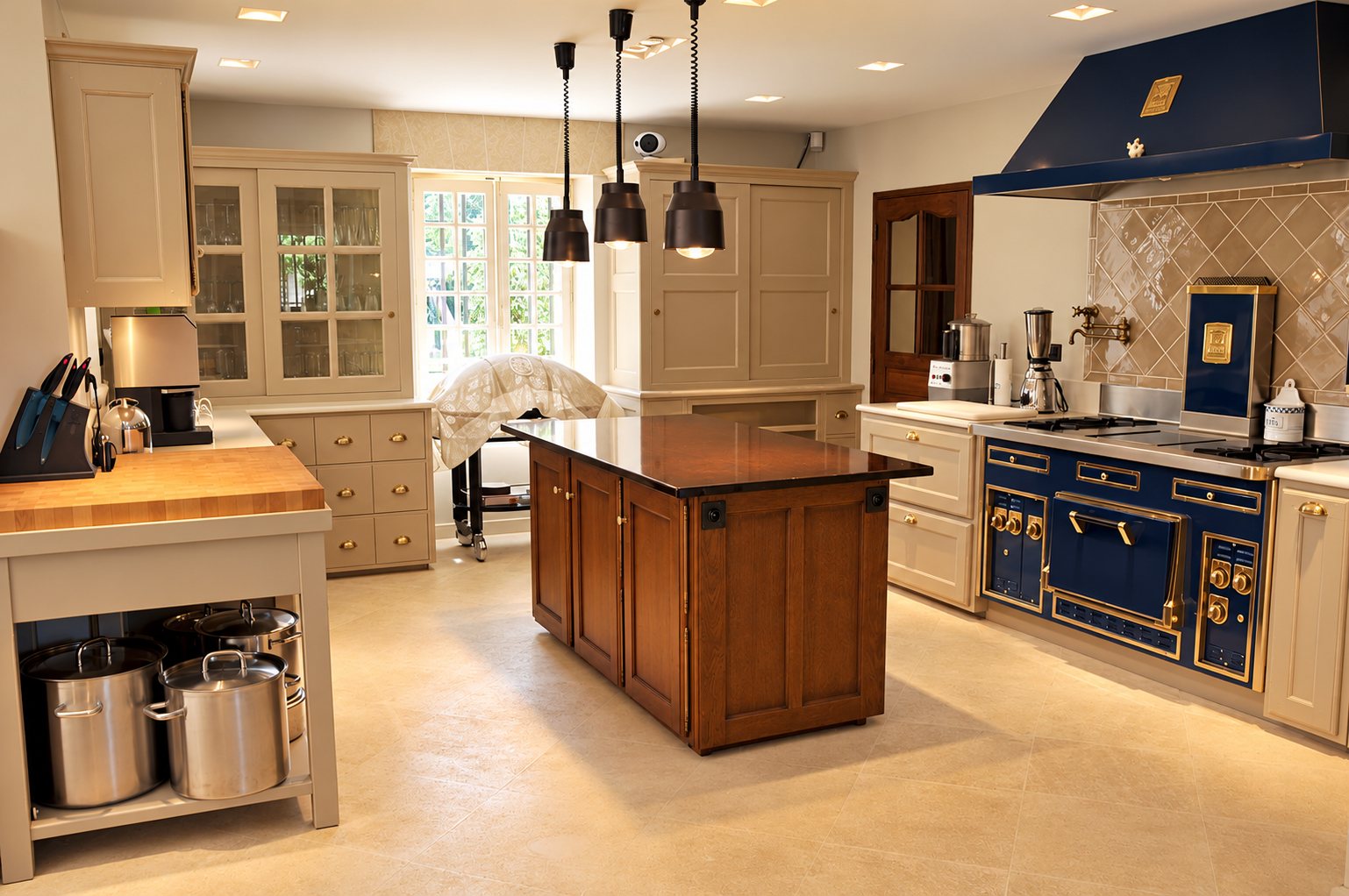 Grande cuisine aux placards beige clair, avec un îlot central en bois, un piano de cuisson bleu et laiton et un billot en bois à gauche.