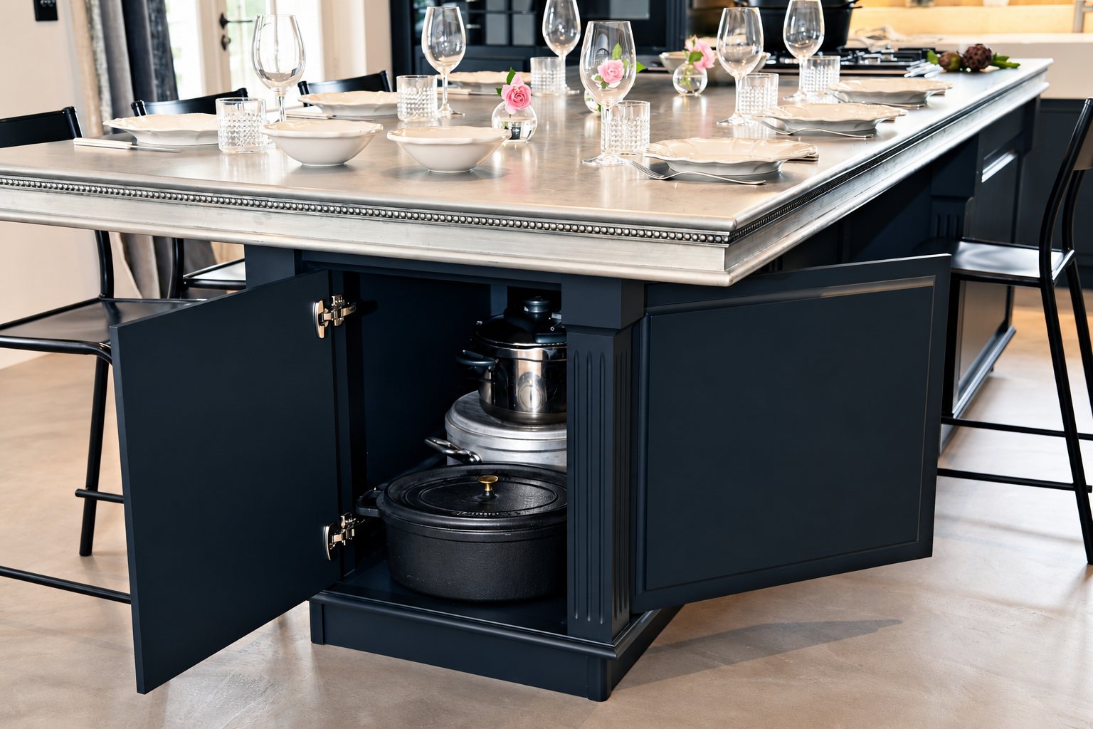 Un grand îlot de cuisine bleu nuit au plateau argenté, dressé avec assiettes et verres, dont une porte ouverte laisse voir des casseroles rangées.